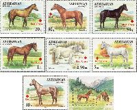 Overprints "Red Cross" on # 009 (Horses), 7v + Block; 20, 30, 50q, 1, 2.5, 5, 10, 8 M